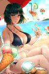  bare_shoulders beach breasts cleavage cup day drinking_glass drinking_straw floating food fubuki_(one-punch_man) green_eyes green_hair hat highres ice_cream large_breasts mr.lime ocean one-punch_man short_hair sitting sky solo straw_hat sweat sweatdrop swimsuit telekinesis 
