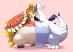  &lt;3 3_toes ambiguous_gender beak blue_skin blush cuddling digital_media_(artwork) duo eyes_closed fangs feathers green_feathers ho-oh legendary_pok&eacute;mon lugia nintendo on_ice_(artist) one_eye_closed open_mouth overweight pok&eacute;mon pok&eacute;mon_(species) red_eyes red_feathers simple_background smile tail_feathers toes tongue video_games white_feathers white_skin wings wink yellow_feathers 