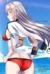  alternate_costume ass beach bikini blue_sky blush breasts butt_crack closed_mouth cloud commentary_request dated day eyebrows_visible_through_hair facial_scar from_behind gangut_(kantai_collection) hair_between_eyes hands_on_hips jacket kantai_collection light_smile long_hair long_sleeves looking_at_viewer looking_back medium_breasts ocean off_shoulder outdoors pallad red_bikini remodel_(kantai_collection) scar scar_on_cheek signature silver_hair sky smile swimsuit thighs white_jacket 