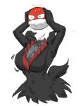  2018 absurd_res ambiguous_gender anonymous_artist big_breasts breasts cleavage clothed clothing darkrai digital_media_(artwork) female headless hi_res huge_breasts jiggle legendary_pok&eacute;mon navel nintendo not_furry pok&eacute;mon pok&eacute;mon_(species) simple_background solo sweat video_games voltorb white_background 
