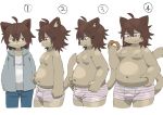 2018 anthro bagel belly belly_grab blush boxer_briefs brown_hair bulge clothing digital_media_(artwork) eating fur hair looking_at_self looking_down male mammal moobs multicolored_underwear nipples overweight overweight_male sequence shirotama simple_background slightly_chubby solo sweat sweatdrop tan_fur underwear weight_gain white_background 