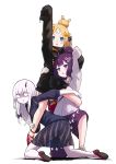  abigail_williams_(fate/grand_order) albino alphy arm_up bandaid bandaid_on_forehead bangs bent_over black_jacket blue_eyes blush bow commentary eyebrows_visible_through_hair fate/grand_order fate_(series) full_body gundam gundam_narrative hair_bow hair_bun hair_ornament hairclip highres horn jacket katsushika_hokusai_(fate/grand_order) kneeling lavinia_whateley_(fate/grand_order) long_hair long_sleeves looking_at_viewer multiple_girls narrative_formation open_mouth orange_bow pale_skin pants parody parted_bangs pleated_skirt polka_dot polka_dot_bow pose purple_hair red_eyes ribbed_sweater see-through shaded_face shoes short_hair simple_background skirt sleeves_past_fingers sleeves_past_wrists standing sweater white_background white_hair wide-eyed 