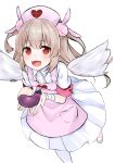  &gt;_&lt; :d absurdres apron armband bandaged_arm bandages bangs blush bunny_hair_ornament collared_shirt detached_wings eggplant eyebrows_visible_through_hair fang feathered_wings hair_between_eyes hair_ornament hashiko_nowoto hat heart highres light_brown_hair long_hair natori_sana nurse_cap open_mouth pantyhose pink_apron pink_footwear pink_hat pleated_skirt red_eyes sana_channel shirt short_sleeves sidelocks simple_background skirt smile solo standing standing_on_one_leg two_side_up very_long_hair virtual_youtuber white_background white_legwear white_shirt white_skirt white_wings wings 