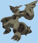  ambiguous_gender black_skin claws digital_media_(artwork) legendary_pok&eacute;mon nintendo on_ice_(artist) pok&eacute;mon pok&eacute;mon_(species) red_sclera simple_background solo standing video_games white_eyes wings zekrom 