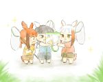  alternate_costume bangs bird_tail bird_wings black-headed_ibis_(kemono_friends) black_hair blush braid butterfly_net commentary eyebrows_visible_through_hair hand_net head_wings japanese_crested_ibis_(kemono_friends) kemono_friends moeki_(moeki0329) multicolored_hair multiple_girls nose_blush red_hair scarlet_ibis_(kemono_friends) shirt short_hair short_sleeves shorts sidelocks t-shirt twin_braids twintails white_hair wings 