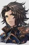  armor bangs black_hair breastplate closed_mouth granblue_fantasy grey_background grey_eyes hankuri lancelot_(granblue_fantasy) looking_at_viewer male_focus parted_bangs pauldrons plate_armor portrait serious simple_background solo 
