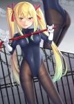  ass bangs black_leotard blonde_hair blush breasts brown_legwear cat_o'_nine_tails chain commentary dutch_angle elbow_gloves eyebrows_visible_through_hair feet_out_of_frame fine_fabric_emphasis gloves gradient_hair green_hair gurande_(g-size) hair_between_eyes hair_ribbon half-closed_eyes highres holding leotard long_hair long_sleeves looking_at_viewer medium_breasts multicolored_hair multiple_views original pantyhose parted_lips red_eyes red_ribbon ribbon sidelocks smile standing thighband_pantyhose tsutsumi_kirika twintails very_long_hair whip white_gloves 