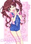  arms_up brown_eyes brown_hair chocolate commentary_request hair_ornament hairclip holding long_hair one_eye_closed open_mouth original overalls ozzzzy pink_shirt shirt short_shorts shorts smile solo twintails 