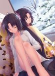  back-to-back black_hair breasts cleavage closed_eyes commentary dual_persona gogatsu_fukuin highres kara_no_kyoukai long_hair looking_at_another looking_back multiple_girls no_bra open_clothes open_shirt panties ryougi_shiki short_hair sitting smile snow snowing tree underwear very_long_hair white_panties 
