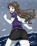  ass blush brown_eyes brown_hair capelet commentary_request elbow_gloves fang gloves highres kantai_collection long_hair ocean osage_gankyou pantyhose sea_spray skirt thighs 