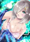  aka_kitsune blue_eyes blush bra breasts commentary_request crying crying_with_eyes_open eyebrows_visible_through_hair grey_hair hair_ornament hair_over_one_eye hairclip hamakaze_(kantai_collection) japanese_clothes kantai_collection kimono large_breasts looking_at_viewer open_clothes open_mouth partial_commentary pink_bra short_hair solo tearing_up tears underwear unmoving_pattern yukata 