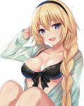  :d bikini_top black_bikini_top black_hairband blonde_hair blue_eyes blush braid breasts cleavage collarbone eyebrows_visible_through_hair fate/grand_order fate_(series) hairband harimoji jeanne_d'arc_(fate)_(all) jeanne_d'arc_(swimsuit_archer) long_hair medium_breasts open_mouth simple_background single_braid sitting smile solo swimsuit white_background 