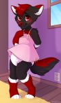  blush canid canine clothing cub diaper dress fox girly looking_at_viewer male mammal smile standing strawberryneko young 