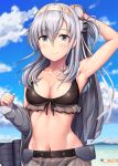  1girl admiral_(kantai_collection) armpits bangs bare_shoulders beach bikini black_bikini blue_sky blurry blurry_background blush breasts character_name cleavage closed_mouth clothes_writing cloud collarbone commentary_request day eyebrows_visible_through_hair front-tie_bikini front-tie_top grey_jacket groin hachimaki hair_between_eyes hair_ornament hand_behind_head headband highres holding holding_jacket ichikawa_feesu jacket kantai_collection large_breasts long_hair looking_at_viewer machinery medium_breasts navel ocean one_side_up outdoors rigging see-through shiny shiny_skin sidelocks silver_hair sky smile star stomach suzutsuki_(kantai_collection) swimsuit t-head_admiral upper_body white_headband 