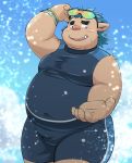  2018 anthro belly blush boar bulge clothing eyewear gouryou male mammal mioki mohawk navel overweight overweight_male porcine solo sunglasses tight_clothing tokyo_afterschool_summoners 