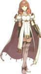  1girl arm_guards armor bangs bare_shoulders black_legwear breastplate celica_(fire_emblem) detached_collar earrings fingerless_gloves fire_emblem fire_emblem_echoes full_body gloves hair_ornament hidari_(left_side) jewelry official_art red_eyes red_hair shield solo thighhighs tiara transparent_background zettai_ryouiki 