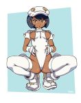  aether_foundation_employee aether_foundation_uniform areolae bangs black_hair border breastless_clothes breasts brown_eyes full_body gloves hat looking_at_viewer nipples outside_border pokemon pokemon_(game) pokemon_sm presenting simple_background solo spread_legs squatting thighhighs typo_(requiemdusk) white_border 