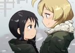  absurdres black_eyes black_hair blonde_hair blue_eyes blush chito_(shoujo_shuumatsu_ryokou) commentary_request falling_snow fur-trimmed_jacket fur_trim height_difference highres jacket long_hair multiple_girls rippannjaku shoujo_shuumatsu_ryokou sidelocks smile snow upper_body yuuri_(shoujo_shuumatsu_ryokou) 