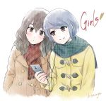  aqua_scarf black_eyes black_hair blue_hair cellphone coat domestic_na_kanojo duffel_coat earbuds earphones english fujii_natsuo genderswap genderswap_(mtf) heart multiple_girls phone plaid plaid_scarf red_eyes red_scarf sasuga_kei scarf signature smartphone smile tachibana_rui winter_clothes winter_coat 