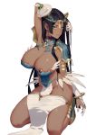  absurdres arm_behind_head arm_up arm_wrap armlet bandaged_arm bandages black_hair bracelet breasts bridal_gauntlets circlet cleavage covered_navel covered_nipples dark_skin daye_bie_qia_lian eyebrows_visible_through_hair facial_mark fate/grand_order fate_(series) feathers forehead_jewel full_body gem gold green_eyes hat head_tilt highres jewelry kneeling large_breasts long_hair looking_at_viewer parted_lips ring scheherazade_(fate/grand_order) shiny shiny_skin simple_background solo thumb_ring very_long_hair white_background white_feathers white_hat 