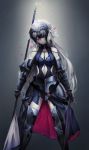  absurdres armor armored_boots armored_dress black_gloves black_legwear blood blood_on_face boots breasts chain collarbone elbow_gloves fate/grand_order fate_(series) floating_hair fur_trim gloves grey_background headpiece highres holding holding_sword holding_weapon jeanne_d'arc_(alter)_(fate) jeanne_d'arc_(fate)_(all) long_hair medium_breasts navel navel_cutout petals shaded_face silver_hair simple_background solo standing sword thighhighs torii_vita_asayoru very_long_hair weapon white_skin 