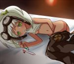  commentary_request echo_(elsword) elsword goggles goggles_on_head green_eyes lying masturbation morumoru00 navel on_bed on_side pocket potion shirt shirt_in_mouth tan white_hair 