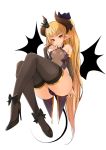  ankle_bow ankle_ribbon ankle_strap ass bangs bare_shoulders belt_collar black_footwear black_legwear black_tail black_wings blush bow breasts breasts_apart bridal_gauntlets brown_horns cameltoe center_opening closed_mouth coattails commentary demon_girl demon_horns demon_tail demon_wings fingernails full_body gold_trim hair_bow half-closed_eyes hand_up head_tilt high_heels highleg highleg_leotard highres horns knees_together_feet_apart leotard long_fingernails long_hair long_ponytail looking_at_viewer medium_breasts naughty_face original pointy_ears red_eyes ribbon sharp_fingernails simple_background slit_pupils smile spread_fingers stiletto_heels succubus tail thick_eyebrows thighhighs tsurime v-shaped_eyebrows very_long_hair white_background wide_hips wings 