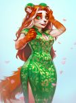  2018 5_fingers anthro bear breasts brown_fur brown_hair chinese_clothing clothed clothing digital_media_(artwork) dress ear_piercing female fur green_eyes hair hybrid levelviolet looking_at_viewer mammal open_mouth panda piercing red_panda simple_background standing teeth 