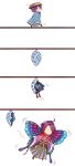  5koma absurdres acolyptic butterfly_wings cloak cocoon comic commentary_request flower flying hakama haori hat highres japanese_clothes kasen_kanesada kiwame_(touken_ranbu) male_focus purple_hair rice_hat smile touken_ranbu transformation wings |_| 