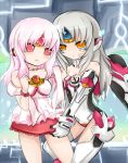  apple_(elsword) bare_shoulders blush closed_mouth code:_empress_(elsword) code:_nemesis_(elsword) elsword eve_(elsword) facial_mark long_hair miniskirt morumoru00 multiple_girls pink_eyes pink_hair silver_hair skirt skirt_grab smile yellow_eyes 