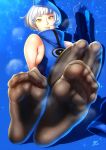  black_legwear blue_background boots boots_removed elizabeth_(persona) feet fine_fabric_emphasis gloves hat highres k.ty_(amejin) pantyhose persona persona_3 pov_feet shoes_removed short_hair soles steaming_body sweat toes white_hair yellow_eyes 