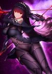  absurdres bodysuit breasts cleavage covered_navel dual_wielding fate/grand_order fate_(series) gae_bolg higandgk highres holding holding_weapon large_breasts long_hair looking_at_viewer pauldrons polearm purple_background purple_bodysuit purple_hair red_eyes scathach_(fate)_(all) scathach_(fate/grand_order) shoulder_armor spear star thighs veil weapon 
