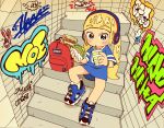 aqua_eyes backpack bag blonde_hair blush bracelet drink drinking drinking_straw eyebrows_visible_through_hair food graffiti haaam hamburger headphones hip_hop jersey jewelry long_hair original sandwich shoes sitting sneakers solo stairs twintails 