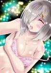  aka_kitsune blush bra breasts closed_eyes commentary crying grey_hair hair_ornament hair_over_one_eye hairclip hamakaze_(kantai_collection) kantai_collection large_breasts open_mouth pink_bra short_hair solo underwear unmoving_pattern 