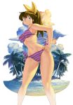  bangs bare_legs bare_shoulders beach bikini blue_eyes breasts brown_hair closed_mouth cloud commentary_request day eyebrows eyebrows_visible_through_hair hair_ribbon hand_on_hip highres legs long_hair m.u.g.e.n navel ocean oggy original outdoors palm_leaf purple_bikini ribbon ryuuko_(oggy) sand solo standing striped striped_bikini swimsuit thighs tree wet wet_clothes wet_swimsuit yellow_ribbon 