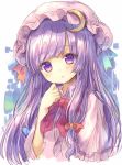  blue_bow blue_ribbon blush bow crescent crescent_moon_pin eyebrows_visible_through_hair hat heart heart-shaped_pupils long_hair looking_at_viewer patchouli_knowledge pjrmhm_coa purple_eyes purple_hair raised_eyebrows red_bow red_neckwear red_ribbon ribbon solo symbol-shaped_pupils touhou upper_body very_long_hair 