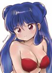  1girl happy pink_eyes purple_hair shampoo_(ranma_1/2) swimsuit 