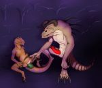  against_wall anthro black_claws blush brown_skin butt_egg cave cavern circumcized claws crouching cxulubcah deathclaw dinosaur fallout feral gettingeggywithit green_eyes hi_res humanoid_penis long_claws male_pregnancy markings penis precum pregnant purple_markings raptor reclining red_penis theropod tongue tongue_out video_games 