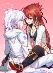  add_(elsword) blazing_heart_(elsword) blush cloak elesis_(elsword) elsword eyebrows_visible_through_hair food highres kuroshio_maki long_hair mastermind_(elsword) pocky red_eyes red_hair sitting smile white_hair 