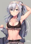  :o armpits bangs bare_shoulders bikini black_bikini blush breasts character_name cleavage clothes_writing collarbone commentary_request eyebrows_visible_through_hair front-tie_bikini front-tie_top grey_background grey_jacket groin hachimaki hair_between_eyes hair_ornament hand_behind_head headband highres holding holding_jacket ichikawa_feesu jacket kantai_collection large_breasts long_hair looking_at_viewer machinery medium_breasts navel one_side_up open_mouth rigging see-through shiny shiny_skin sidelocks silver_hair simple_background smile star stomach suzutsuki_(kantai_collection) swimsuit upper_body white_headband 