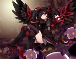  :3 aisha_(elsword) alternate_color alternate_costume angkor_(elsword) archdevil_(elsword) armor armored_dress black_armor black_hair black_legwear blush boots creature crossed_legs dark_persona elsword full_body knee_boots kuroshio_maki no_nose panties pantyshot red_eyes short_hair sitting skirt smile solo thighhighs twintails underwear void_princess_(elsword) wings 