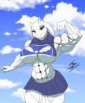  2018 abs biceps big_breasts big_muscles boss_monster breasts caprine clothed clothing cloud delta_rune female flexing fur goat horn invalid_tag lunardiaries mammal mature_female muscular muscular_female navel red_eyes shirt skimpy skirt sky smile solo tank_top toriel undertale video_games white_fur 