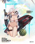  alternate_costume ass_visible_through_thighs bangs bare_shoulders bikini black_ribbon blush braid breasts cleavage collarbone eyebrows_visible_through_hair flower food fruit girls_frontline gun hair_flower hair_ornament hair_ribbon hand_up head_tilt holding_surfboard jacket keychain kneeling large_breasts long_hair long_sleeves looking_at_viewer navel official_art open_clothes open_jacket red_eyes ribbon sandals shotgun shotgun_shells shotgun_speed_loader side-tie_bikini silver_hair skindentation smile solo spas-12 spas-12_(girls_frontline) stomach strap swimsuit terras thighs twintails watermelon wavy_hair weapon 