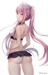  :q alternate_costume ass back bangs bare_shoulders bikini bikini_skirt blunt_bangs blush breasts butt_crack commentary cowboy_shot eyebrows_visible_through_hair fate/grand_order fate_(series) from_behind half-closed_eyes hands_on_hips highres kaetzchen long_hair looking_at_viewer looking_back medb_(fate)_(all) medb_(swimsuit_saber)_(fate) medium_breasts open_mouth pink_hair shiny shiny_skin shoulder_blades sidelocks signature simple_background smile solo swimsuit tiara tongue tongue_out tsurime very_long_hair white_background yellow_eyes 
