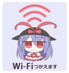  hat highres kashimu looking_at_viewer nagae_iku purple_hair red_eyes shawl smile touhou translated wifi_symbol 