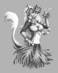  2018 5_fingers anthro breasts clothed clothing digital_media_(artwork) distracting_watermark equine female flower flower_in_hair goldendruid horn lei mammal midriff monochrome navel plant raised_tail simple_background smile unicorn watermark 