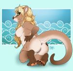  2018 abstract_background anthro anus blonde_hair blue_background breasts brown_fur brown_nose butt claws eyelashes female firefly8083 fur green_eyes hair long_hair looking_back mammal mustelid nipples nude otter pawpads presenting presenting_hindquarters pubes pussy simple_background smile solo 