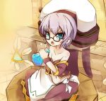  alchemist bare_shoulders big_hat blue_eyes breasts cleavage collarbone elsword glasses grandma morumoru00 navel open_mouth potion purple_hair skirt 