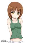  bangs breasts brown_eyes brown_hair collarbone commentary dated eyebrows_visible_through_hair flipper girls_und_panzer green_shirt looking_at_viewer medium_breasts midriff military military_uniform navel nishizumi_miho ooarai_military_uniform parted_lips pleated_skirt shirt short_hair simple_background skirt solo standing tank_top twitter_username uniform upper_body white_background white_skirt 