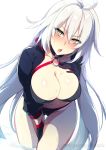  :o ass_visible_through_thighs bent_over blush breasts choker cleavage collarbone eyebrows_visible_through_hair fate/grand_order fate_(series) gloves highres jeanne_d'arc_(alter_swimsuit_berserker) jeanne_d'arc_(fate)_(all) leaning_forward long_hair pale_skin shrug_(clothing) solo very_long_hair white_background white_hair yellow_eyes zeroshiki_kouichi 